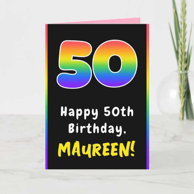 Tarjeta 50.º cumpleaños: arcoiris colorido # 50, nombre pe (Anverso)