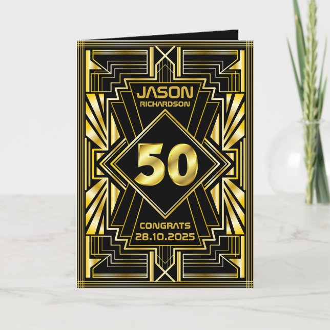 Tarjeta 50.º cumpleaños Art Deco Oro Negro (Anverso)