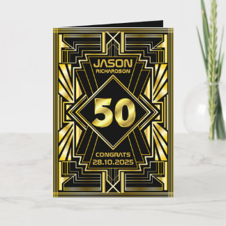 Tarjeta 50.º cumpleaños Art Deco Oro Negro