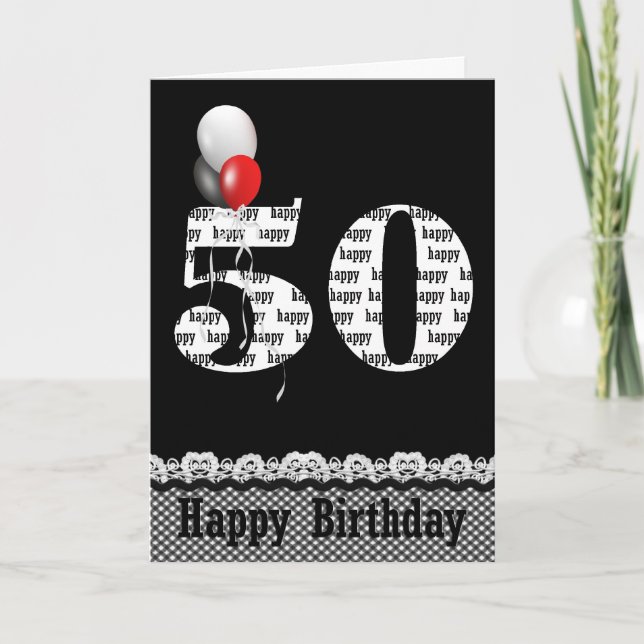 Tarjeta 50.º cumpleaños con la frontera de Gingham (Anverso)