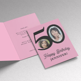 Tarjeta 50.º cumpleaños foto negra rosa personalizada