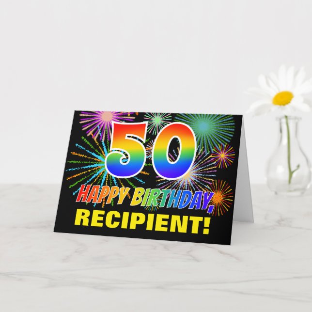 Tarjeta 50.º cumpleaños: Negrita, diversión, fuegos artifi (Planta pequeña)