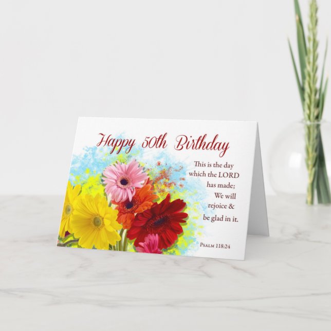 Tarjeta 50.º cumpleaños religioso, flores de Gerbera Daise (Anverso)