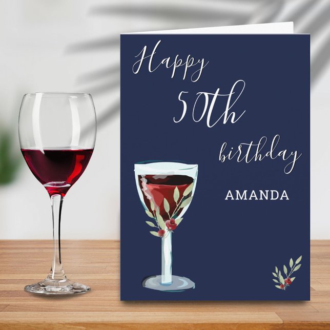 Tarjeta 50.º cumpleaños Rosa de vino rojo acuarela Marina  (Subido por el creador)