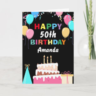 Tarjeta 50.º feliz cumpleaños colorido globo pastel negro