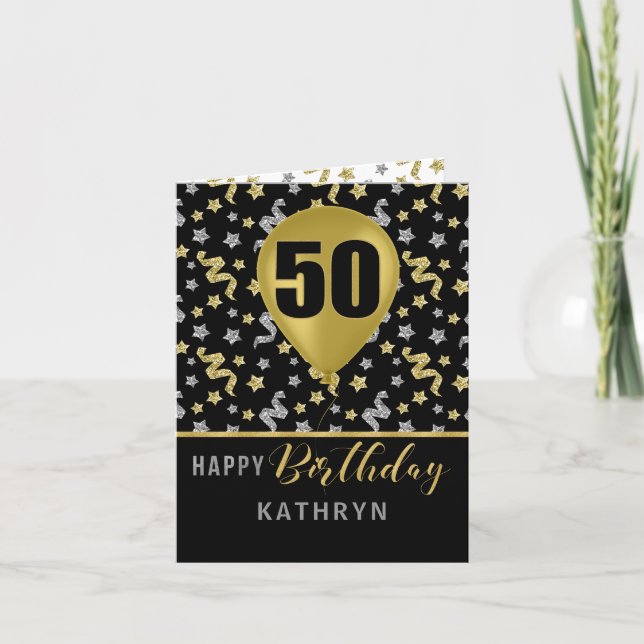 Tarjeta 50.º globo de Confetti dorado y plateado (Anverso)