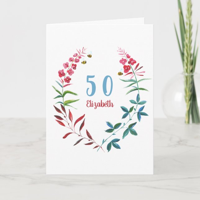 Tarjeta 50.º natalicio Floral acuarela Flores Rojas Azules (Anverso)