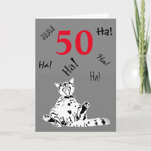 Tarjeta 50.º natalicio ríe gracioso gato (Anverso)