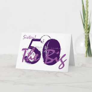 Tarjeta 50 Aniversario de la hermana, texto morado sobre b