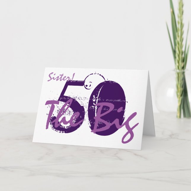 Tarjeta 50 Aniversario de la hermana, texto morado sobre b (Anverso)