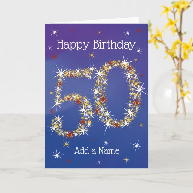Tarjeta 50 Aniversario - Número 50 en Estrellas - Azul - E (flor amarilla)