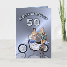 Tarjeta 50 años con chicas y una motocicleta