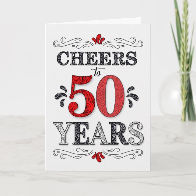 Tarjeta 50 años de alegría en el patrón negro blanco rojo (Anverso)