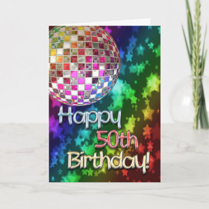 Tarjeta 50° cumpleaños con bola de disco y arco iris de es