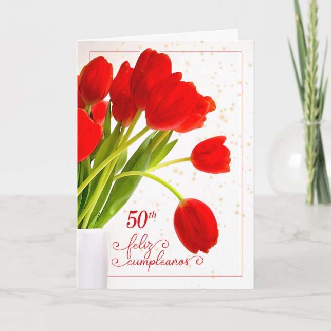 Tarjeta 50 cumpleaños en español con tulipán rojo (Anverso)