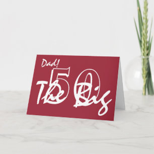 Tarjeta 50 cumpleaños para papá, letras blancas en rojo.