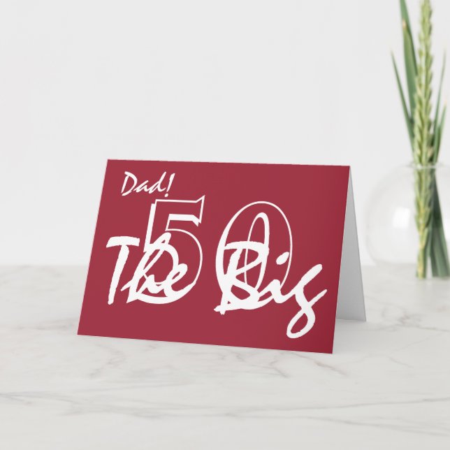Tarjeta 50 cumpleaños para papá, letras blancas en rojo. (Anverso)