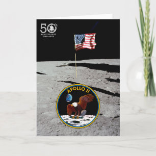 Tarjeta 50.o Años de alunizaje, insignias y bandera