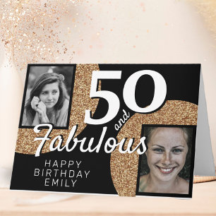 Tarjeta 50 y Fabuloso Brillo Dorado 2 Foto Cumpleaños 50