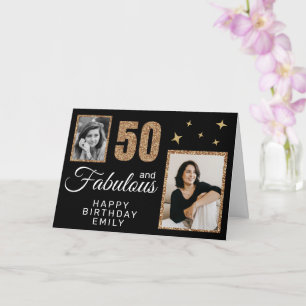 Tarjeta 50 y Fabuloso Brillo Dorado 2 Fotos Cumpleaños 50