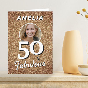 Tarjeta 50 y fabuloso brillo dorado foto 50 cumpleaños 