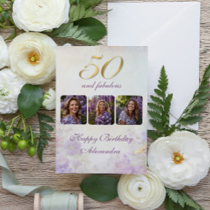 Tarjeta 50 y fabuloso cumpleaños con flores de oro púrpura