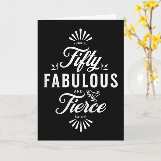 Tarjeta 50 y fabuloso cumpleaños Dinosaurio blanco y negro (flor amarilla)