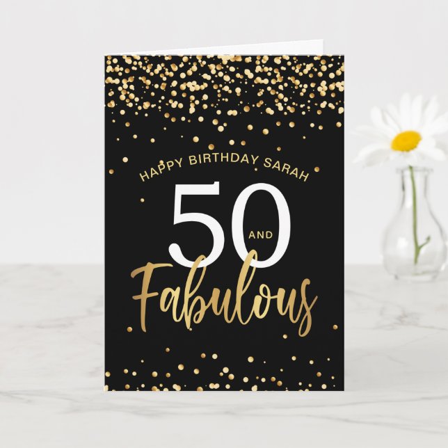 Tarjeta 50 y fabuloso cumpleaños elegante en oro y negro (Planta pequeña)