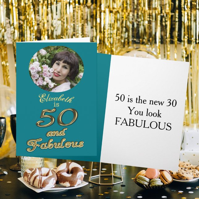 Tarjeta 50 y fabuloso cumpleaños oro Verde azulado azul 50 (50 and Fabulous Birthday Gold Teal Blue 50th Name Card)