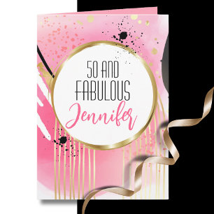Tarjeta 50 y fabuloso cumpleaños rosa oro negro moderno