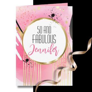 Tarjeta 50 y fabuloso cumpleaños rosa oro negro moderno