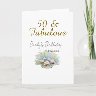 Tarjeta 50 y fabuloso loto de agua de oro acuarela