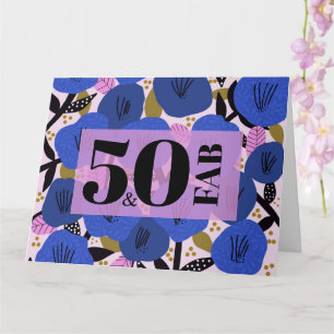 Tarjeta 50 y fabuloso patrón floral azul en los 50 años