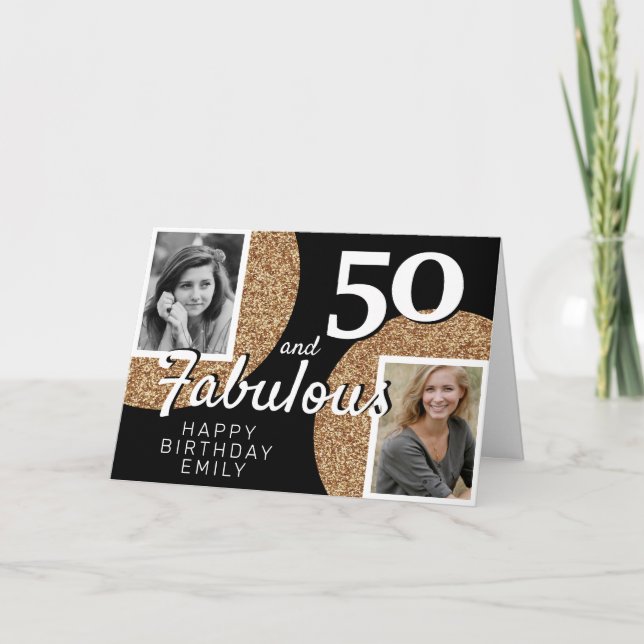 Tarjeta 50 y Fabulous Gold Purpurina 2 Photo 50th Birthday (Anverso)