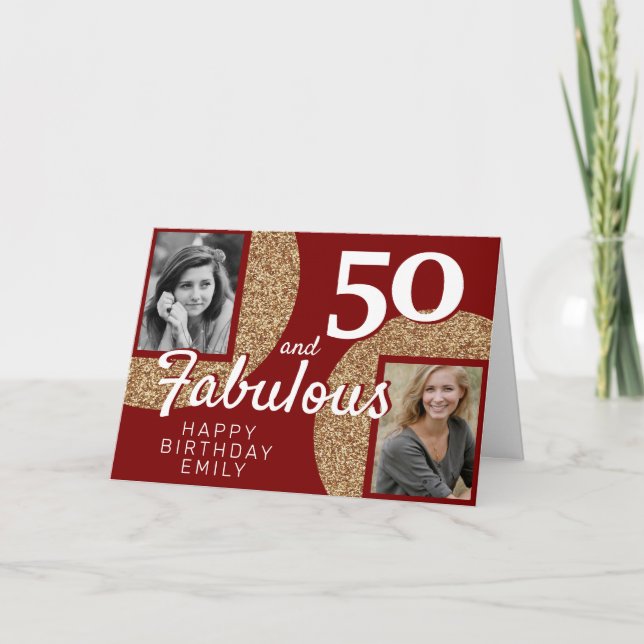 Tarjeta 50 y Fabulous Gold Purpurina 2 Photo 50th Birthday (Anverso)