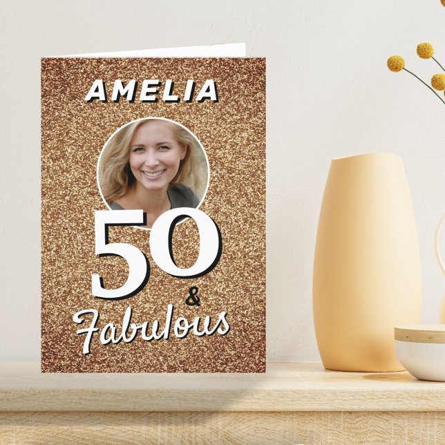 Tarjeta 50 y Fabulous Gold Purpurina Photo 50th Birthday (Subido por el creador)