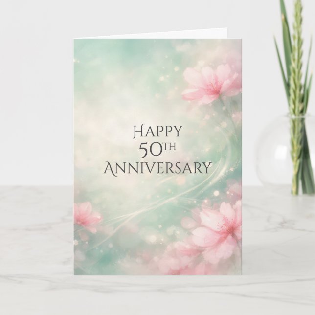 Tarjeta 50th Anniversary Dreamy Flowers On Mint Green  (Anverso)