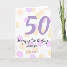 Tarjeta 50th birthday add name date purple orange polkadot