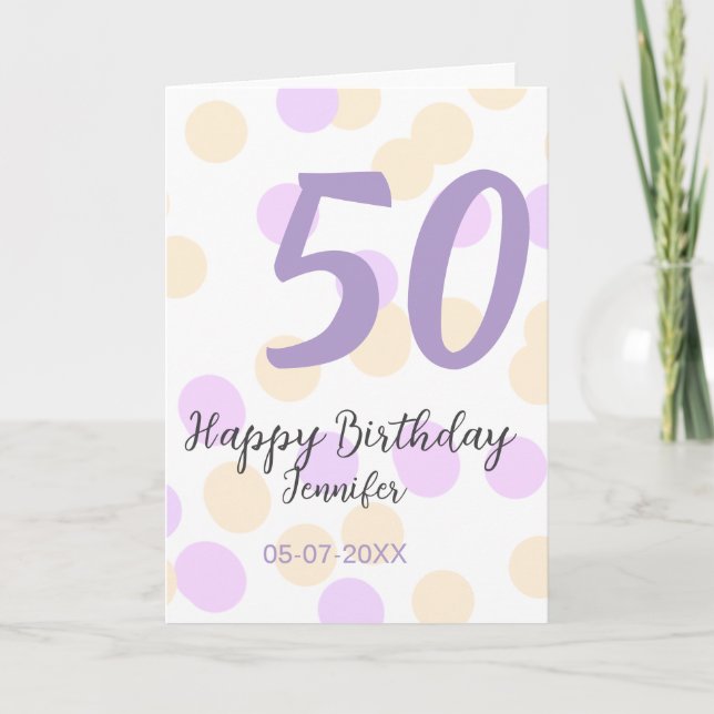 Tarjeta 50th birthday add name date purple orange polkadot (Anverso)
