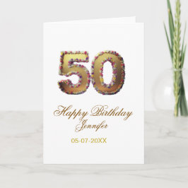 Tarjeta 50th birthday add name date year gold floral bold 