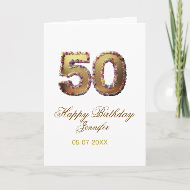 Tarjeta 50th birthday add name date year gold floral bold  (Anverso)