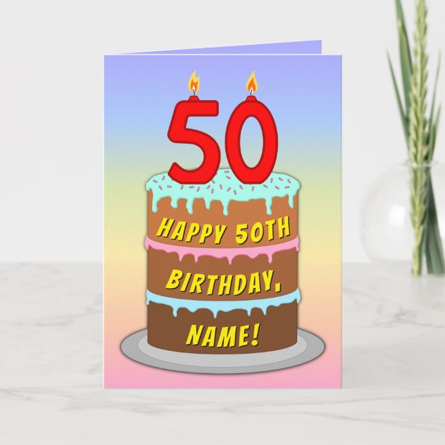 Tarjeta 50th Birthday — Fun Cake & Candles, w/ Custom Name (Anverso)