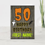 Tarjeta 50th Birthday: Spooky Halloween Theme, Custom Name<br><div class="desc">The front of this spooky and scary Hallowe'en birthday themed greeting card design features a large number "50", along with the message "HAPPY BIRTHDAY, ", and a personalized name. There are also depictions of a ghost and a bat on the front. The inside features a personalized birthday greeting message, or...</div>