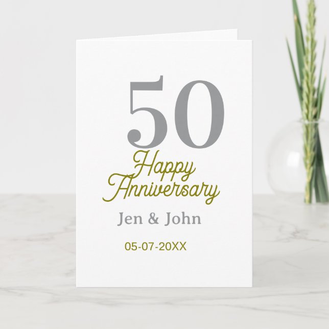 Tarjeta 50th happy anniversary name date silver gold date  (Anverso)