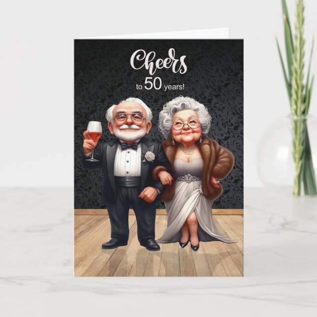 Tarjeta 50th Wedding Anniversary Funny Old Couple Cheers (Anverso)