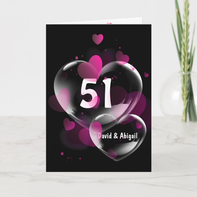 Tarjeta 51° aniversario burbujas de corazón en negro (Anverso)