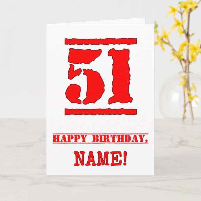 Tarjeta 51° cumpleaños: Diversión, estampado de goma roja (flor amarilla)