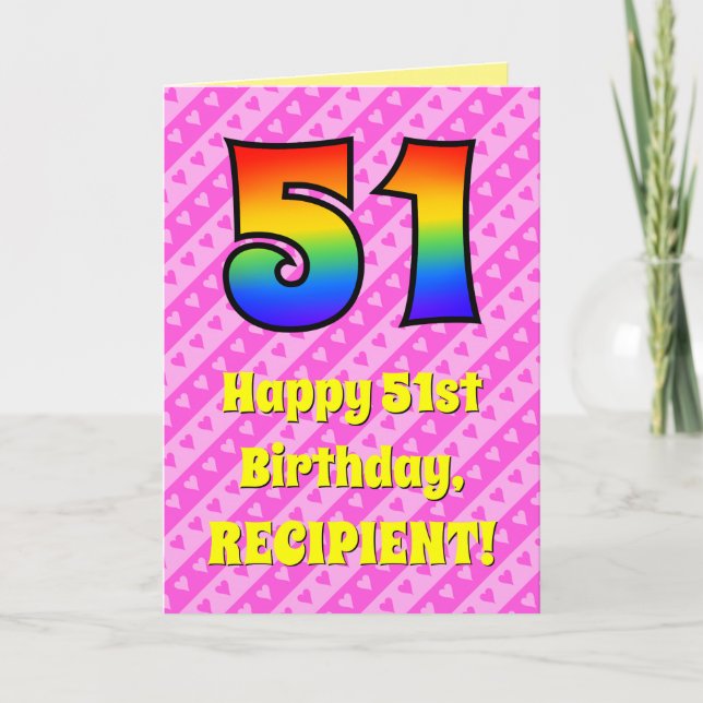 Tarjeta 51 cumpleaños: Rayas rosadas y corazones, Arcoíris (Anverso)