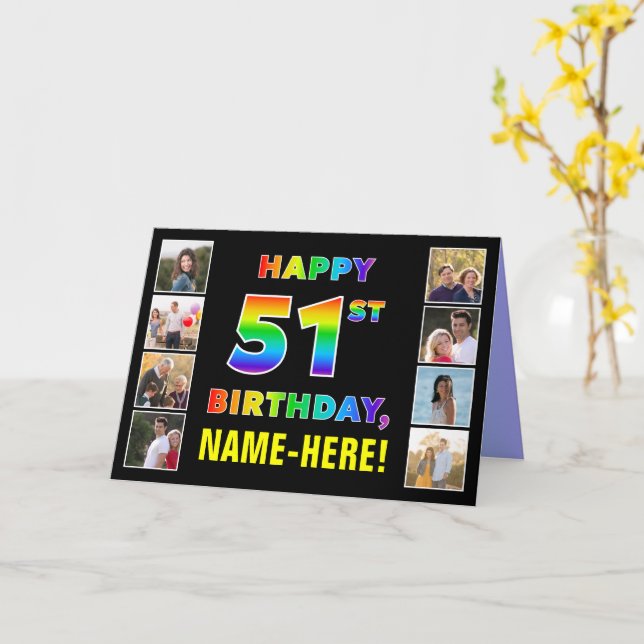 Tarjeta 51° cumpleaños: texto arcoiris, fotos y nombre de  (flor amarilla)