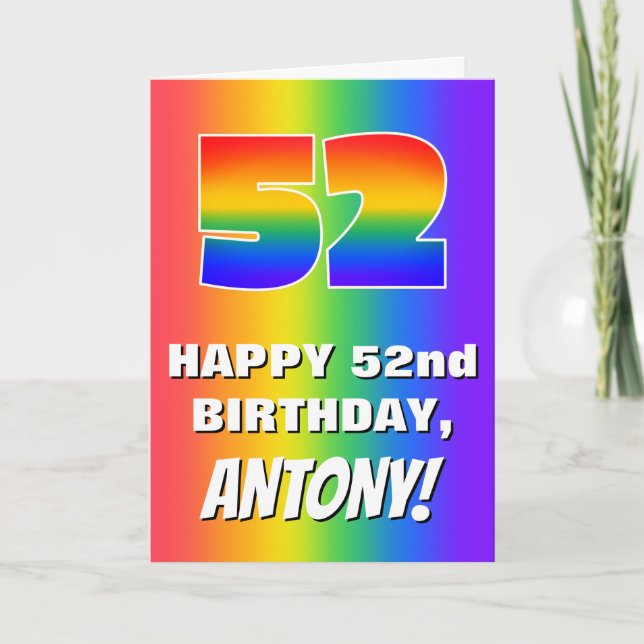 Tarjeta 52º cumpleaños: Colorido, divertido patrón arcoiri (Anverso)